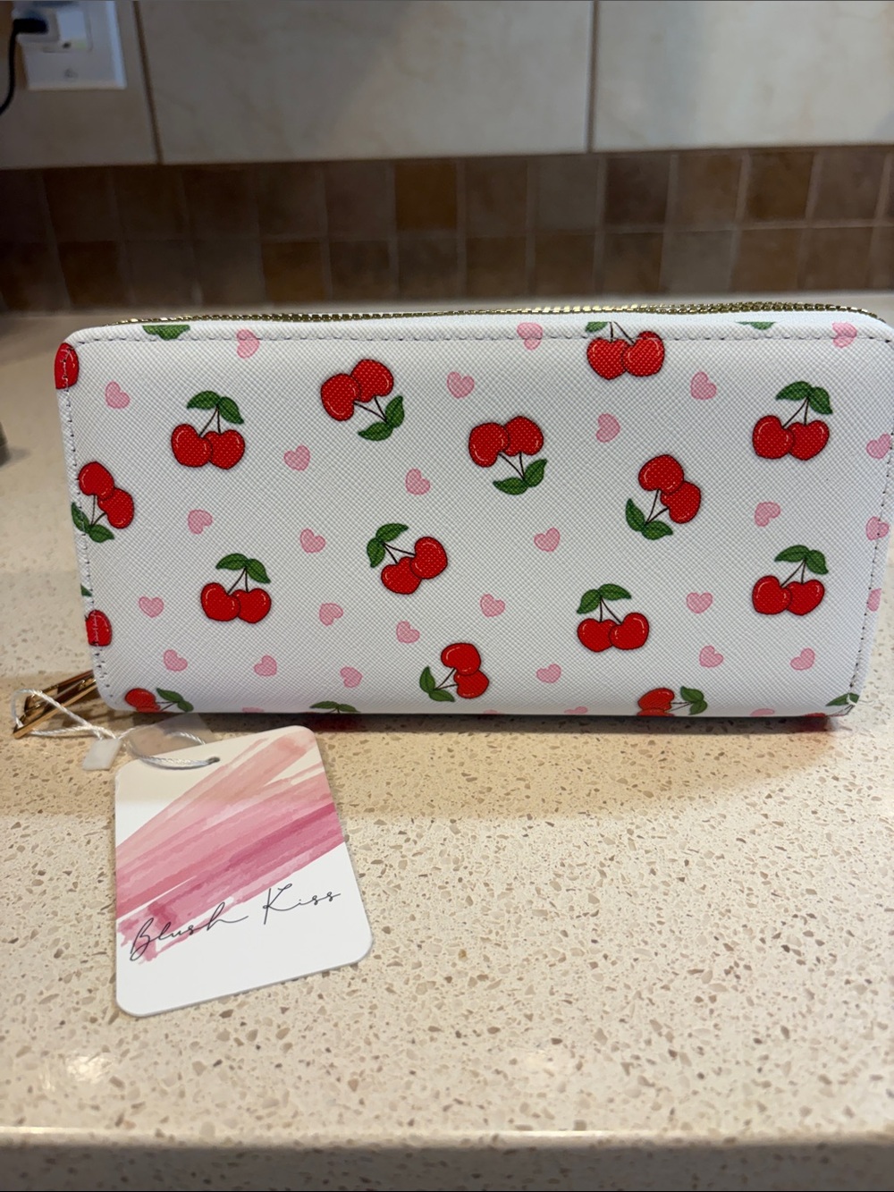 Blush Kiss NWT White Cherry Print  Vegan Leather Double Zip Wallet
